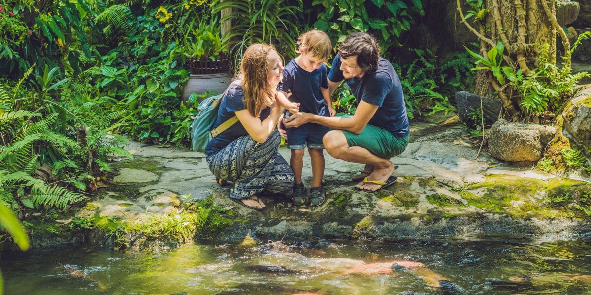 family at koi pond